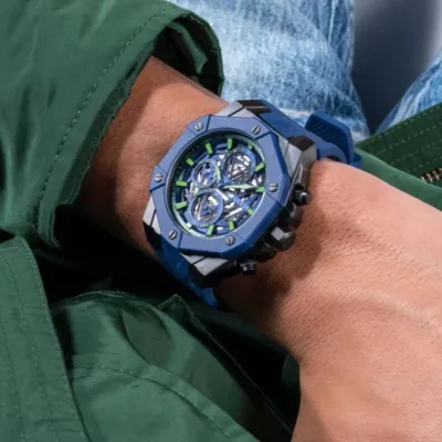 Guess Men's Blue Skeleton Dial Blue Silicone Strap Watch